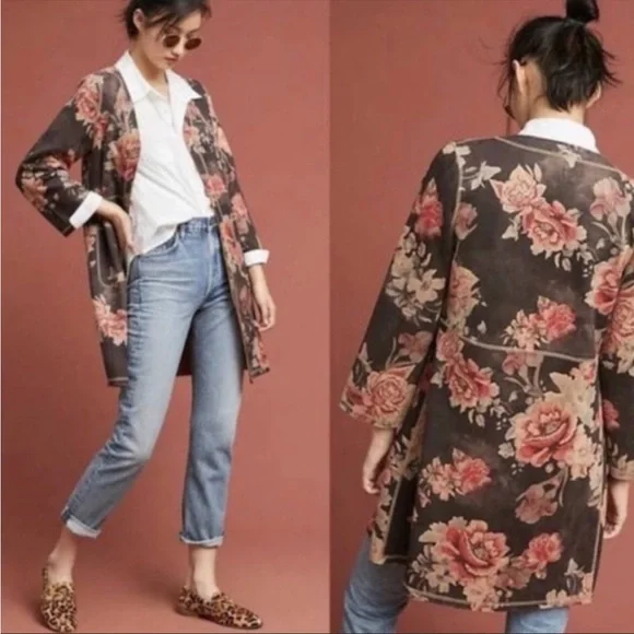 Anthropologie Solitaire Dark Purple Faux Suede Floral Kimono Jacket - Picture 4 of 11
